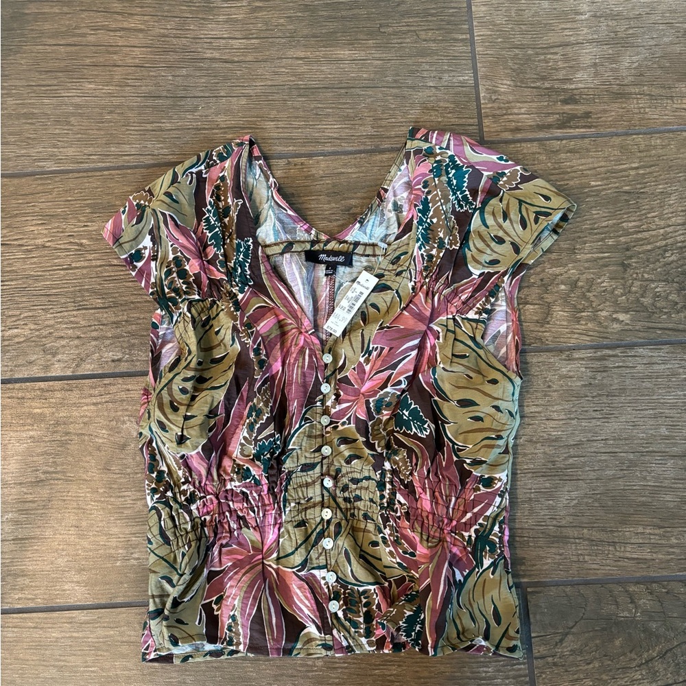 Madewell Shirred Cap-Sleeve Top in Brushstroke Monstera sz S NL043 - Picture 5 of 7
